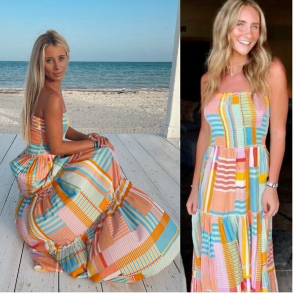 Anthropologie Abel The Label multi colored smocked Strapless Maxi Dress size L - Picture 12 of 12